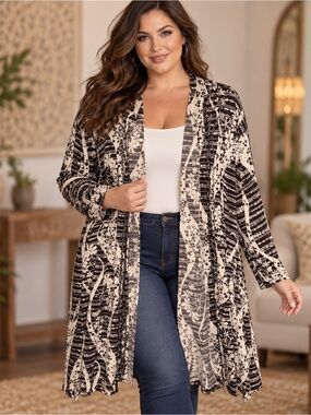AKA Girls Women 2XL 18 Brown Cream Floral Sequin Open Front Cardigan Duster Boho